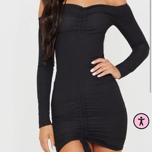 Pretty Little Thing Black Ribbed Long Sleeve Bardot Ruched Dress